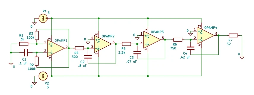 An op-amp schematic drawn in KiCad